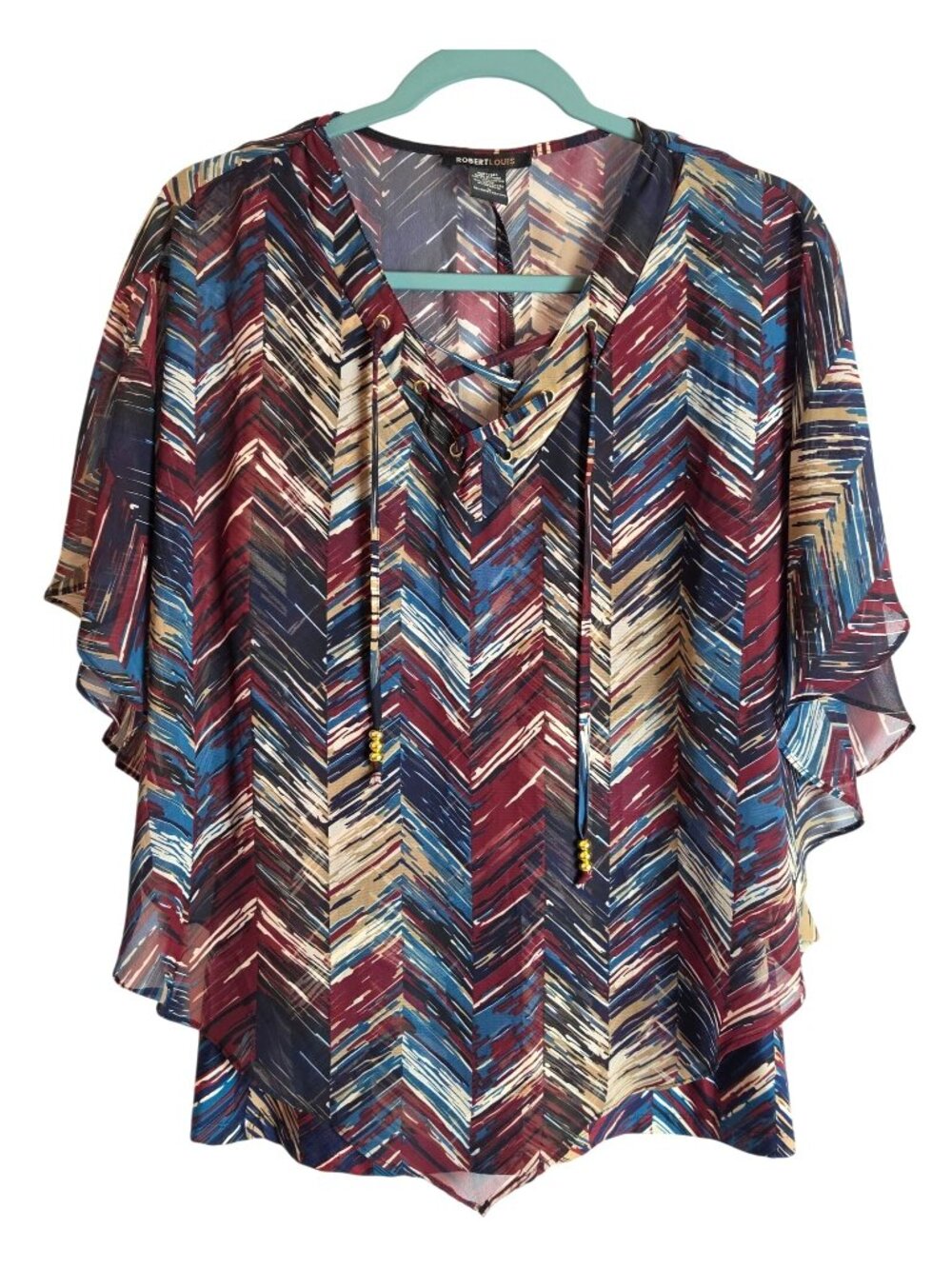 Robert Louis Sheer Multi Chevron Poncho Blouse Lace Up Flutter Sleeve Women L